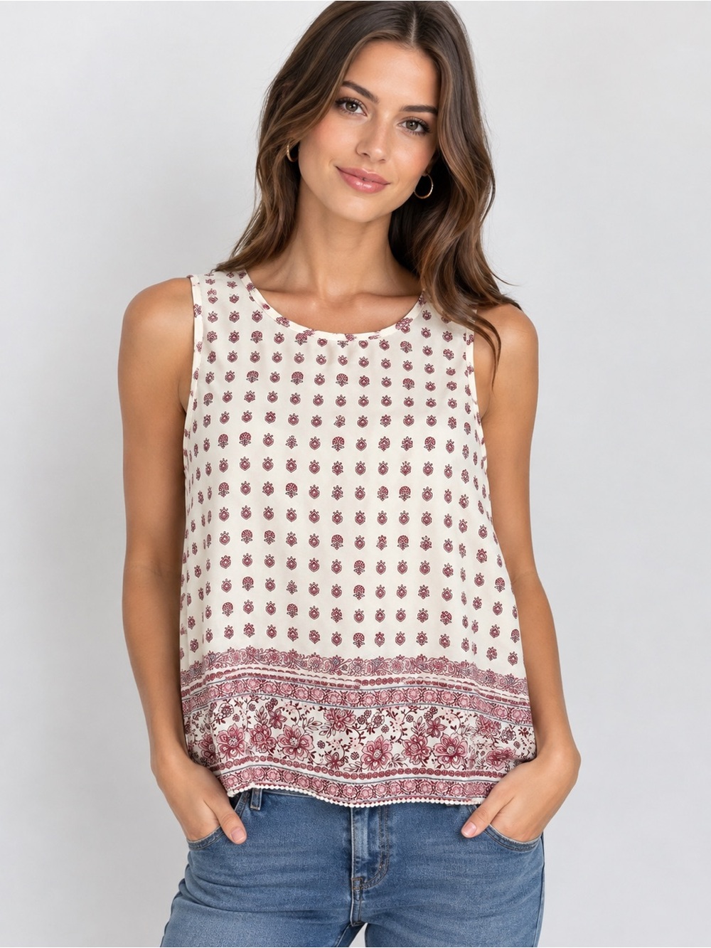 New Look Women’s Ivory/Burgundy Floral Tank Blouse Button Detail Size 8